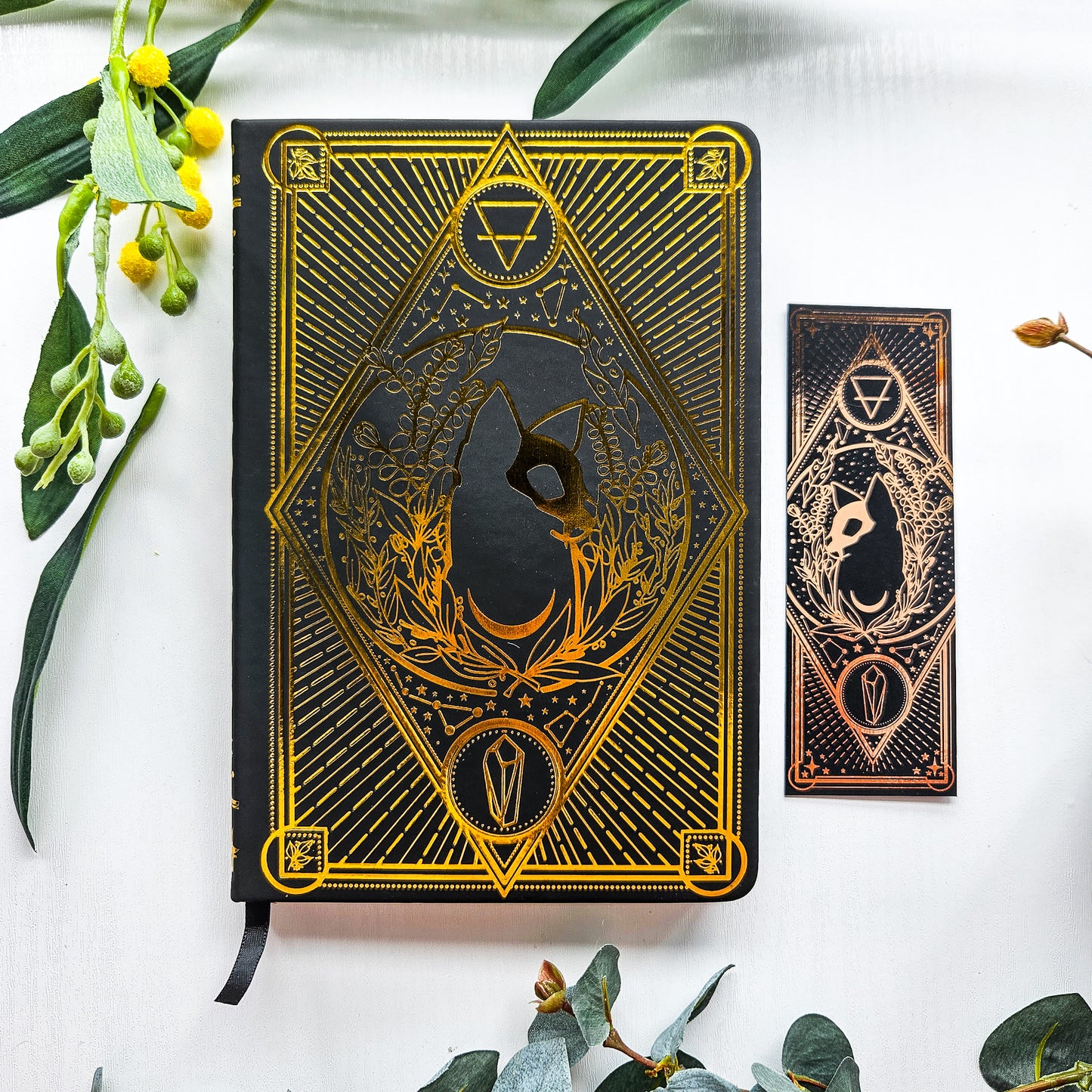 A5 Gold Foil Celestial Cat Skull Notebook + Bookmark