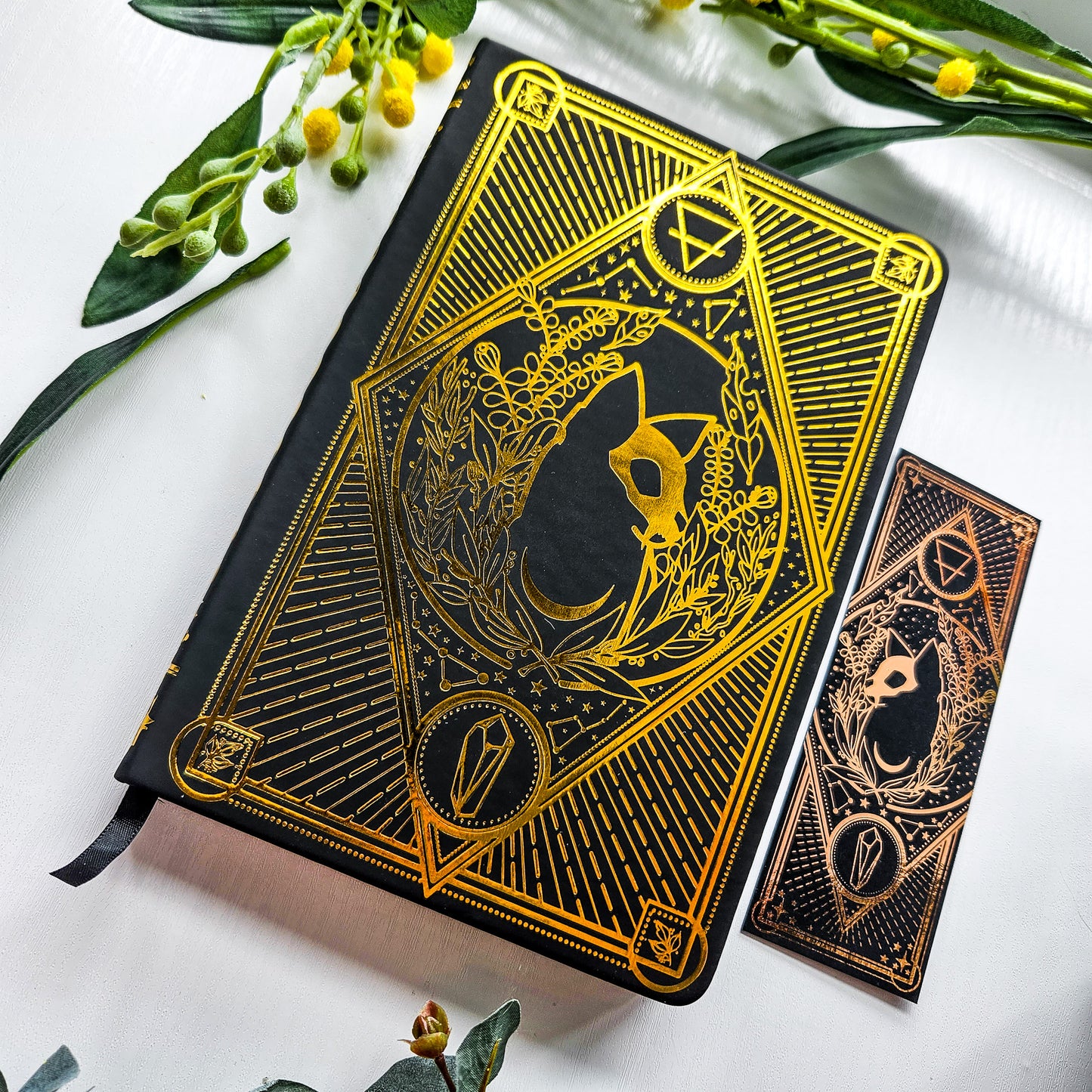 A5 Gold Foil Celestial Cat Skull Notebook + Bookmark