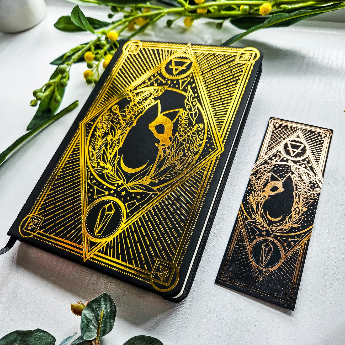 A5 Gold Foil Celestial Cat Skull Notebook + Bookmark