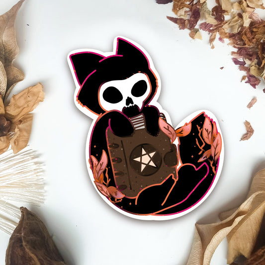 Spell Book Cat Skull Sticker